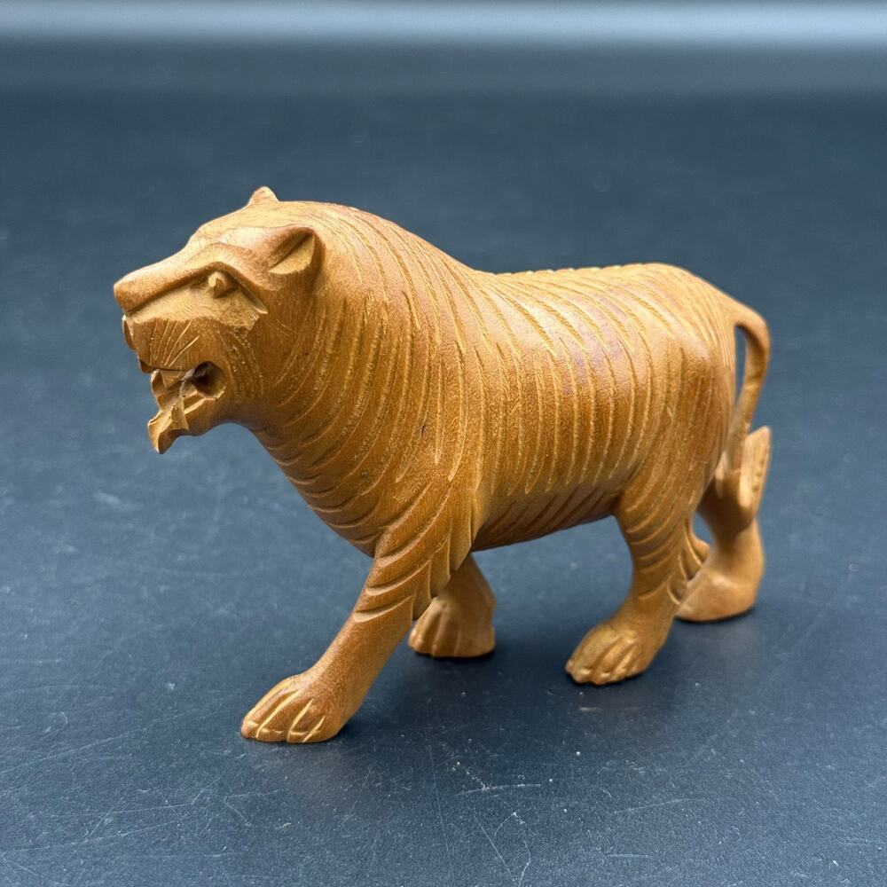Vintage Hand Carved Wooden Roaring Tiger Figurine Art Collectible